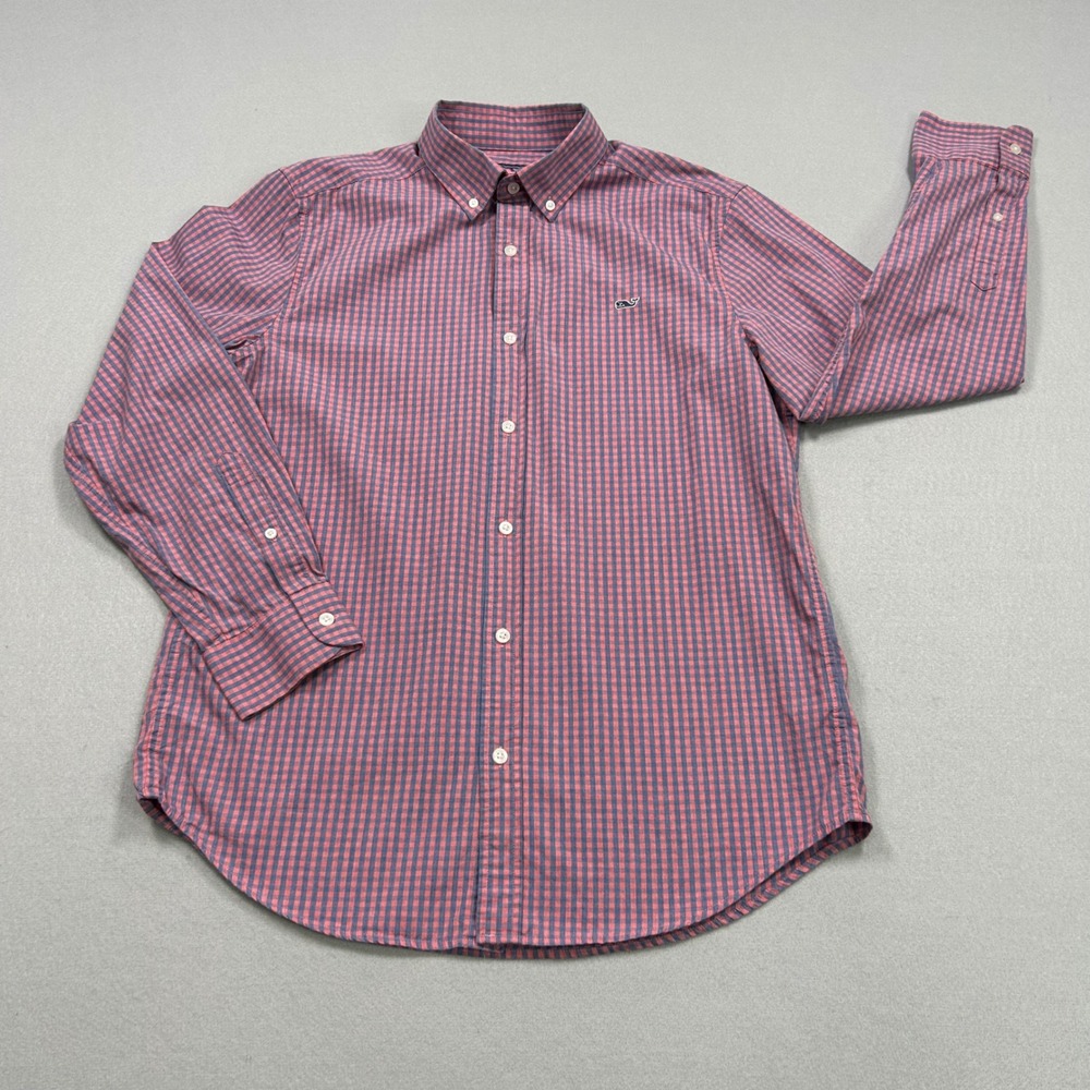 Vineyard Vines Mens Whale Shirt Gingham Button Down Long Sleeve Pink Blue Size M